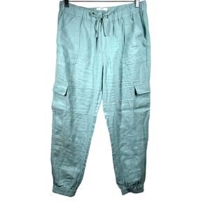 NICOLE MILLER Linen Pants Women's L Cargo Jogger Aqua Green Utility Summer Beach